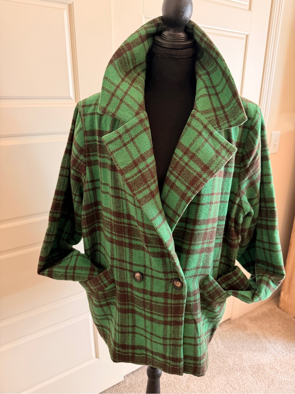 Cotton Bleu Green and Black Plaid Double-Breasted Women's Coat